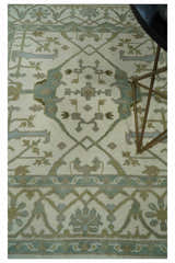 Hand Knotted Oriental Oushak Ivory and Teal Wool Area Rug