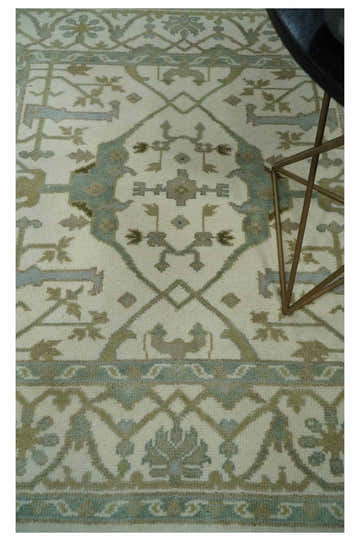 Hand Knotted Oriental Oushak Ivory and Teal Wool Area Rug