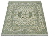 Hand Knotted Oriental Oushak Ivory and Teal Wool Area Rug