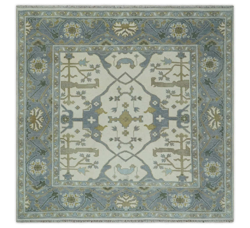 Hand Knotted Oriental Oushak Ivory, Charcoal and Beige Wool Area Rug