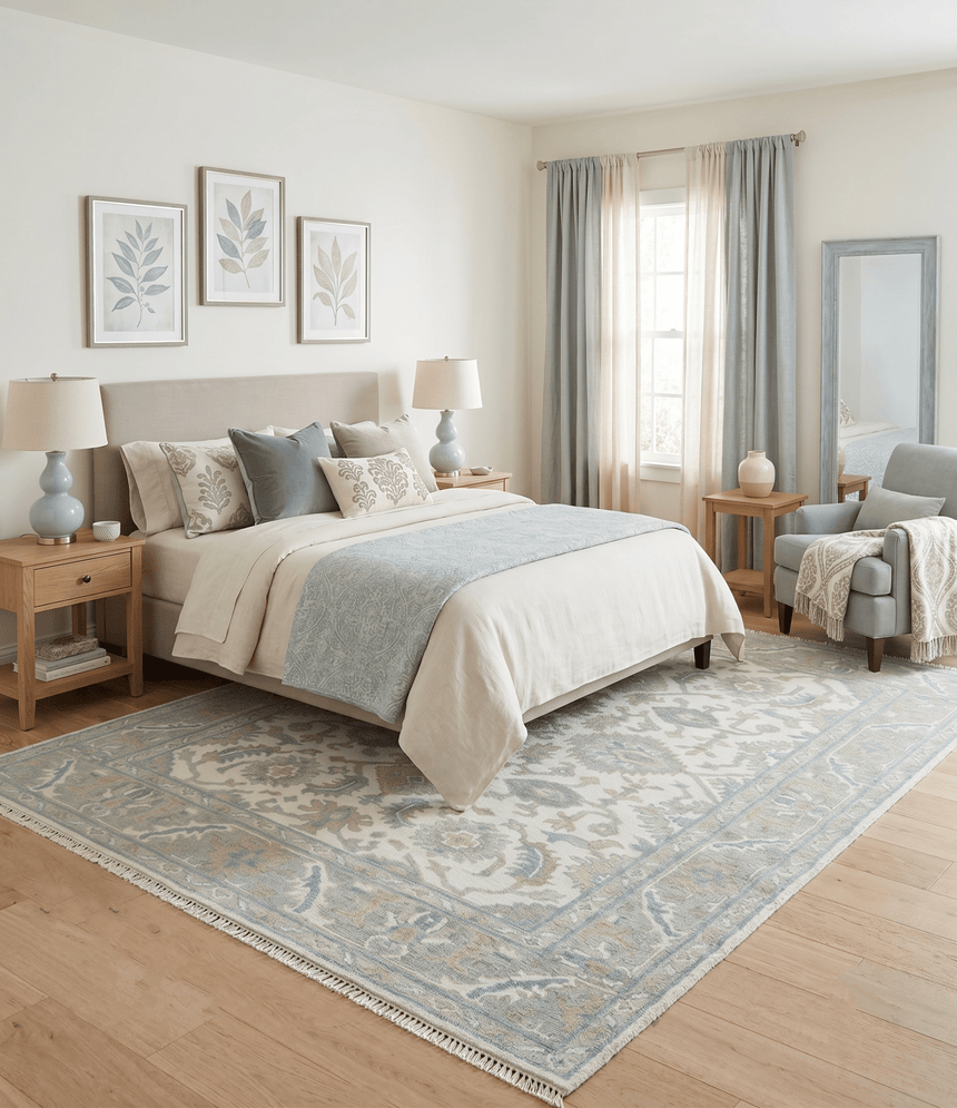 Hand Knotted Oriental Oushak Teal, Ivory and Beige Custom Made Wool Area Rug