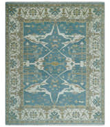 Hand Knotted Oriental Oushak Teal, Ivory and Beige Wool Area Rug