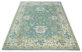 Hand Knotted Oriental Oushak Teal, Ivory and Beige Wool Area Rug