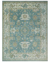 Hand Knotted Oriental Oushak Teal, Ivory and Beige Wool Area Rug