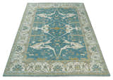 Hand Knotted Oriental Oushak Teal, Ivory and Beige Wool Area Rug