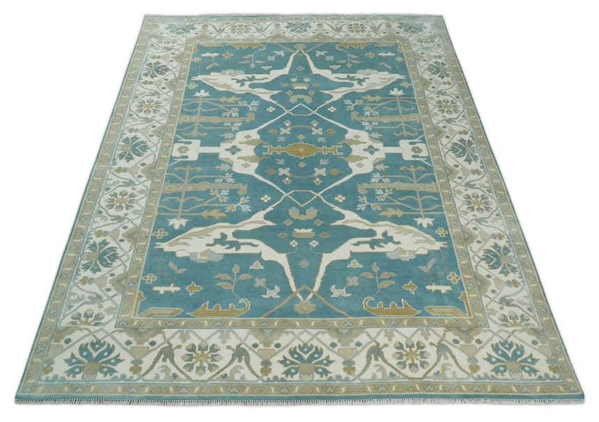 Hand Knotted Oriental Oushak Teal, Ivory and Beige Wool Area Rug