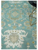 Hand Knotted Oriental Oushak Teal, Ivory and Beige Wool Area Rug