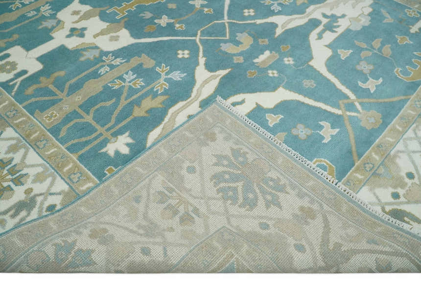 Hand Knotted Oriental Oushak Teal, Ivory and Beige Wool Area Rug