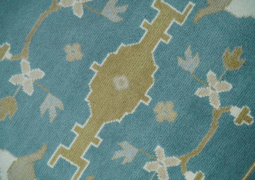 Hand Knotted Oriental Oushak Teal, Ivory and Beige Wool Area Rug