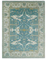 Hand Knotted Oriental Oushak Teal, Ivory and Beige Wool Area Rug