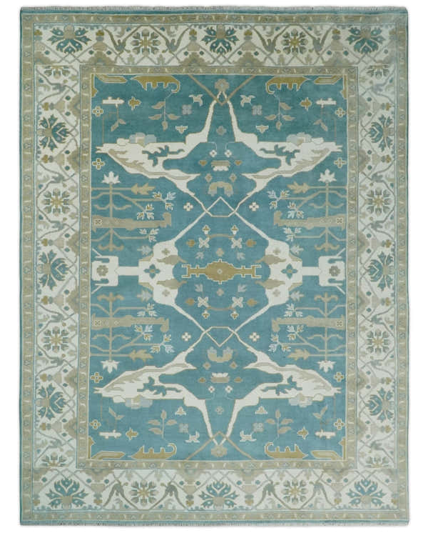 Hand Knotted Oriental Oushak Teal, Ivory and Beige Wool Area Rug
