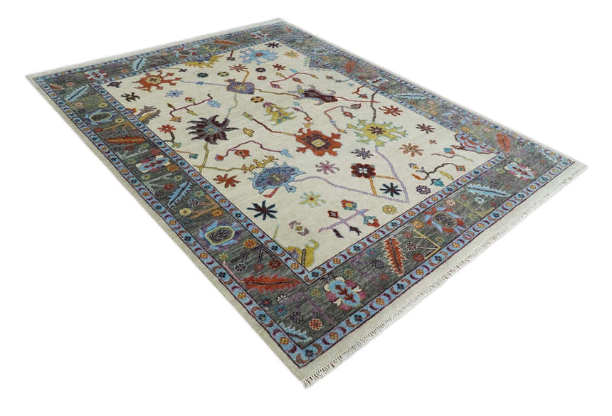 Hand Knotted Ivory, Gray and Blue Traditional Oushak Multi Size Wool Area Rug