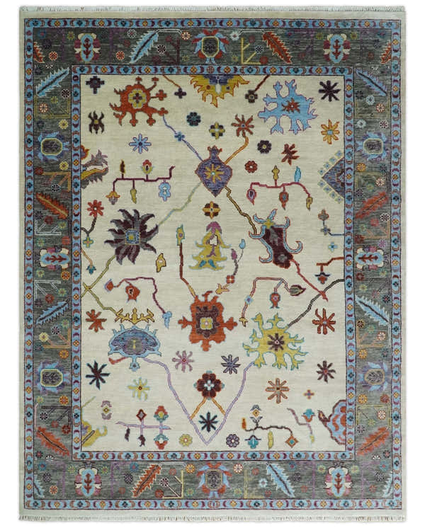 Hand Knotted Ivory, Gray and Blue Traditional Oushak Multi Size Wool Area Rug
