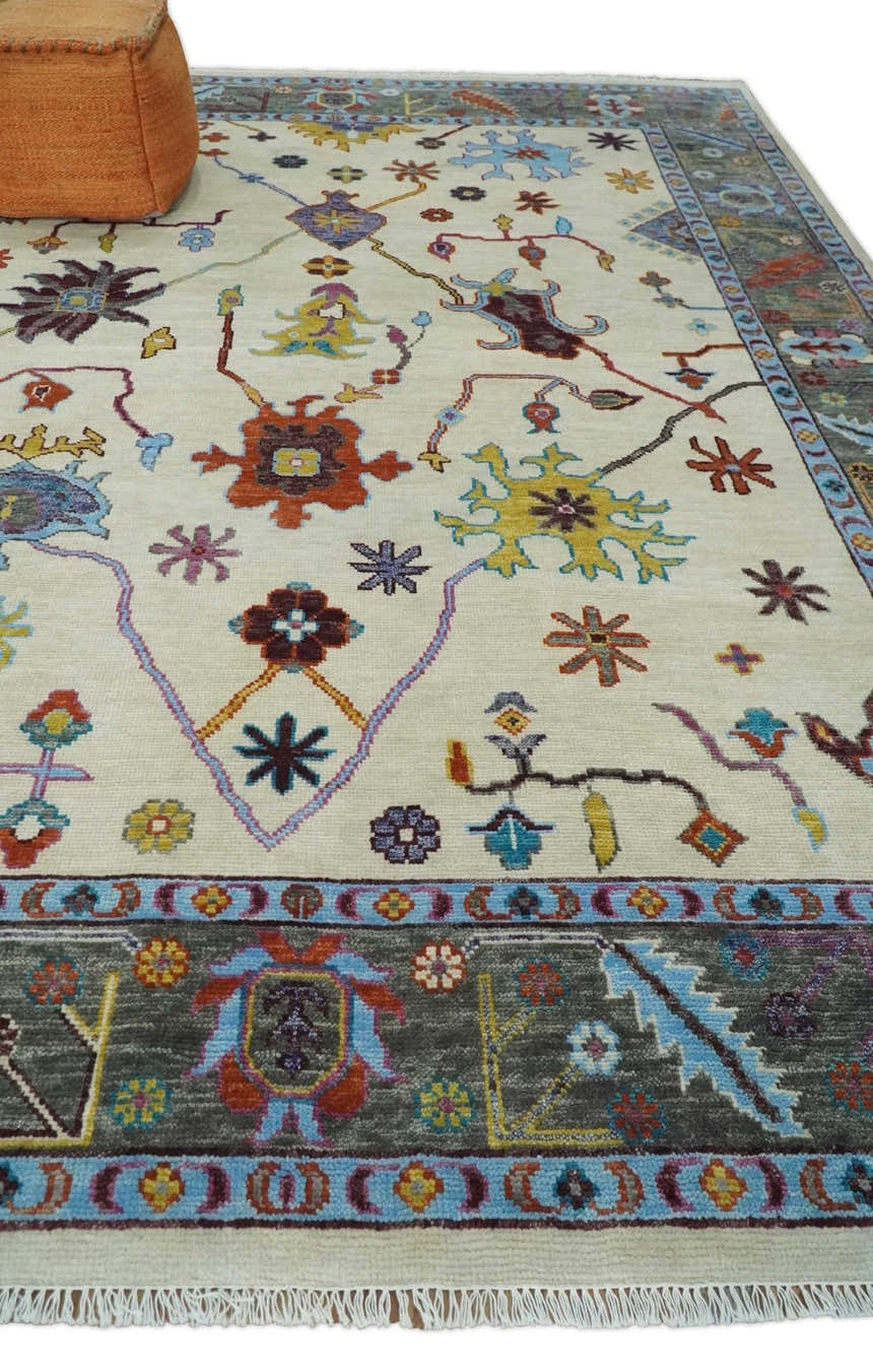 Hand Knotted Ivory, Gray and Blue Traditional Oushak Multi Size Wool Area Rug