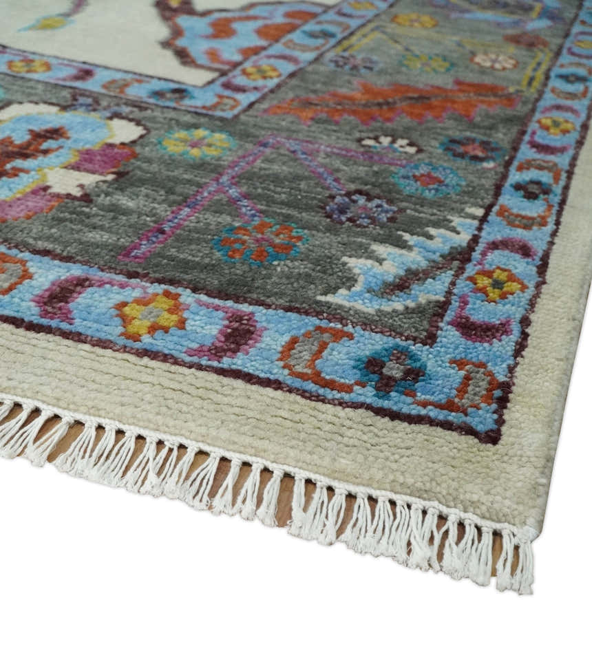 Hand Knotted Ivory, Gray and Blue Traditional Oushak Multi Size Wool Area Rug