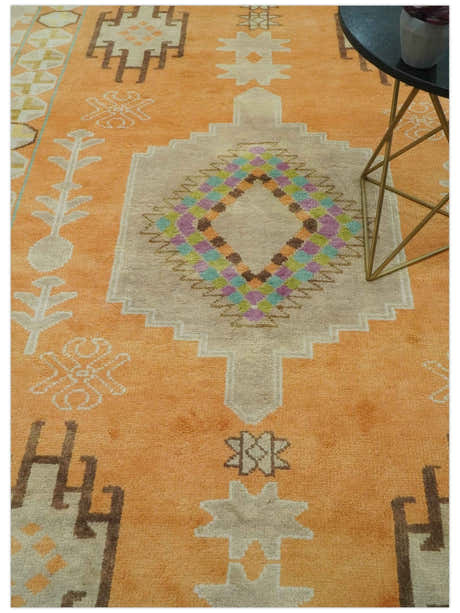Hand Knotted Peach and Beige Traditional Southwestern Multi Size wool area rug