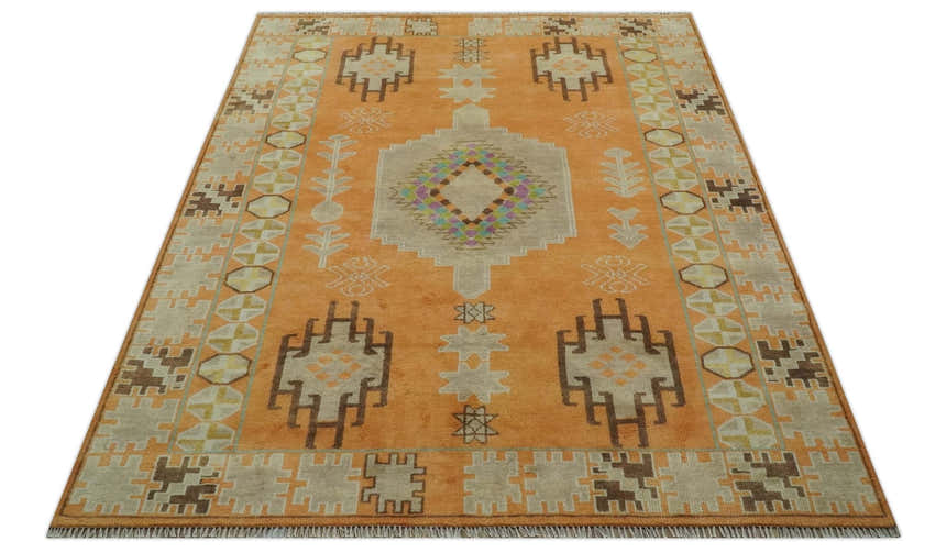 Hand Knotted Peach and Beige Traditional Southwestern Multi Size wool area rug