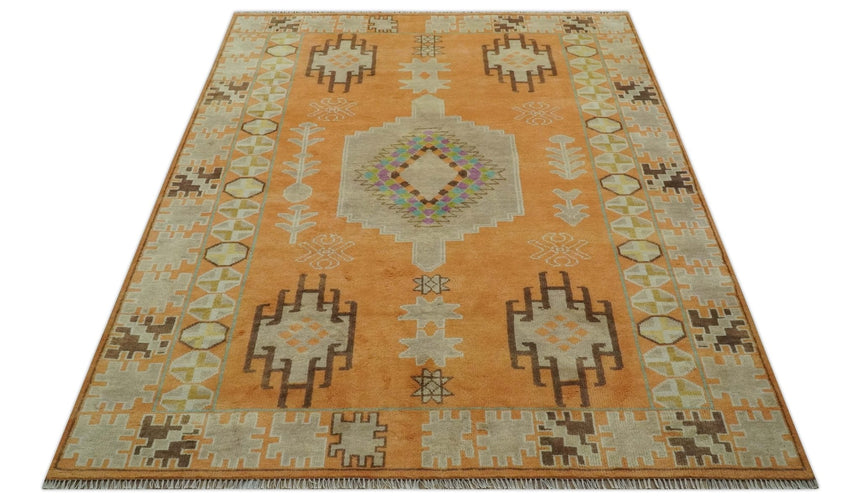 Hand Knotted Peach and Beige Traditional Southwestern Multi Size wool area rug