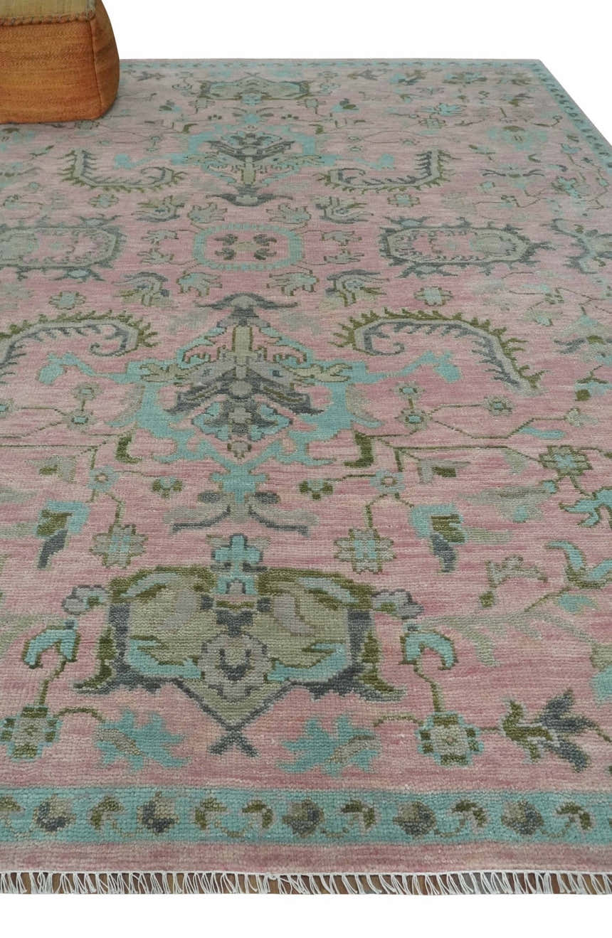 Hand Knotted Pink and Aqua Oriental Oushak Multi Size Traditional Wool Area Rug, Living Room and Bedroom Rug