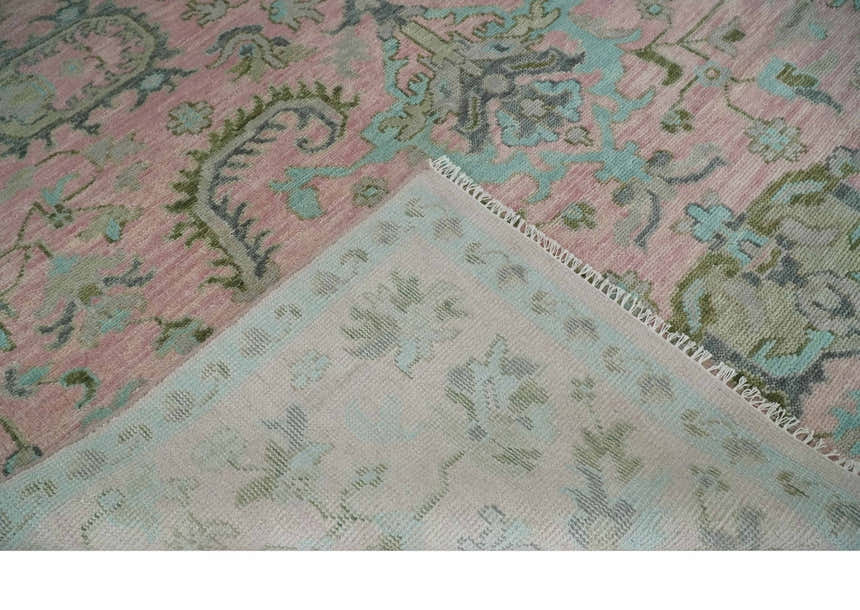 Hand Knotted Pink and Aqua Oriental Oushak Multi Size Traditional Wool Area Rug, Living Room and Bedroom Rug
