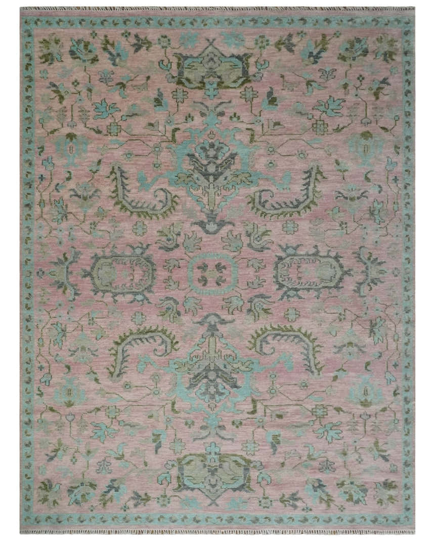 Hand Knotted Pink and Aqua Oriental Oushak Multi Size Traditional Wool Area Rug, Living Room and Bedroom Rug