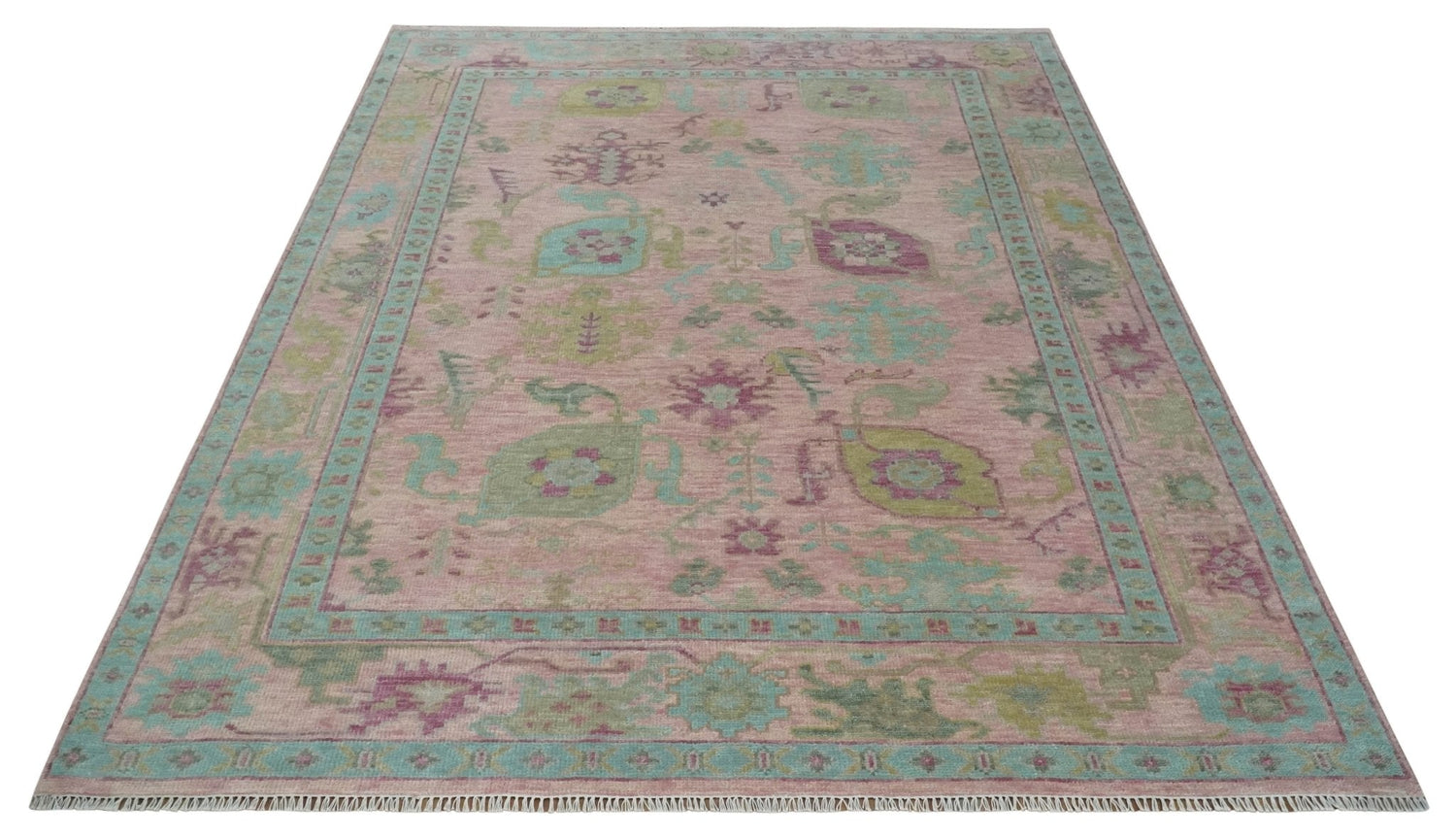 Hand Knotted Pink, Aqua and Purple Vibrant colorful Multi Size Oushak Wool Area Rug