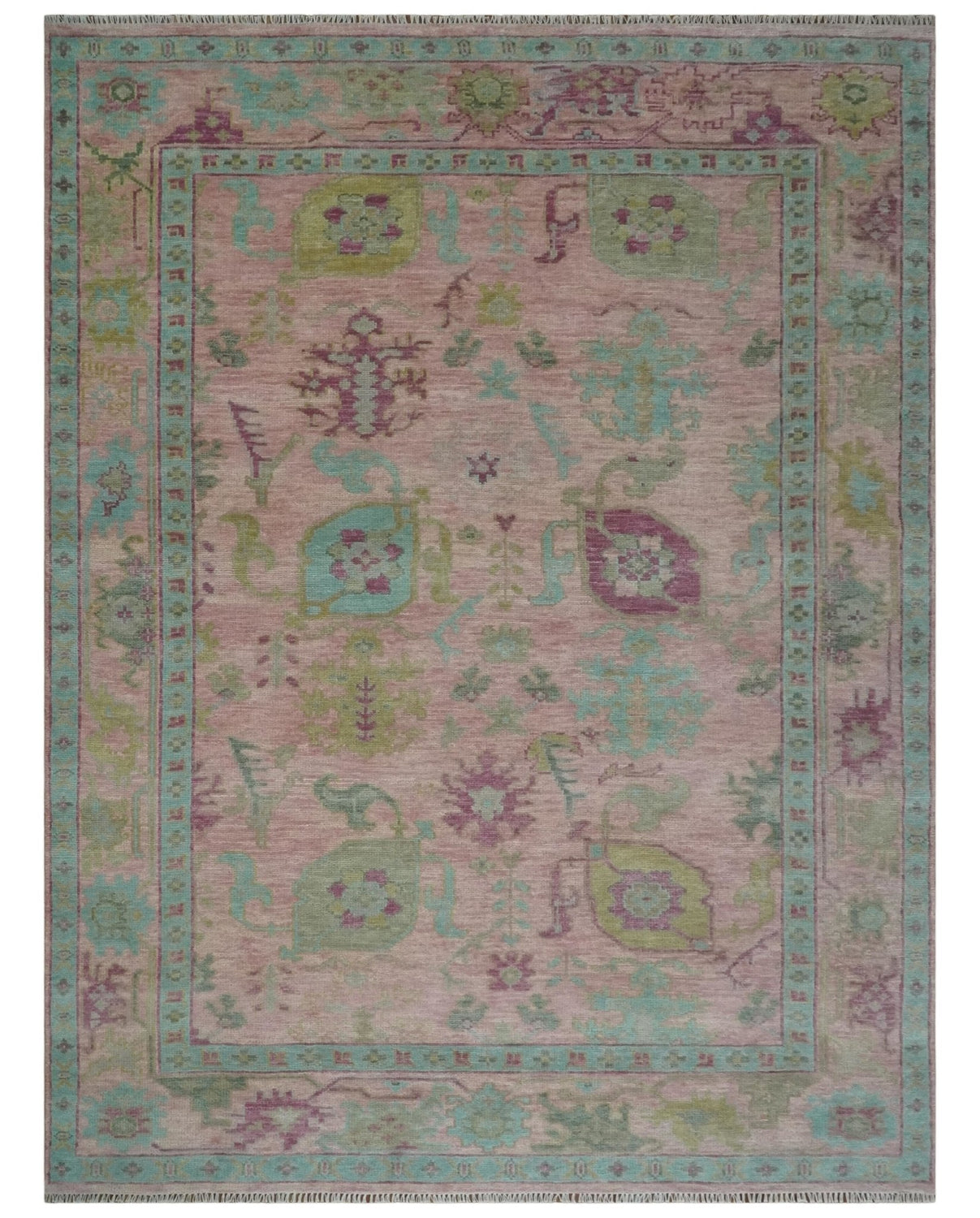 Hand Knotted Pink, Aqua and Purple Vibrant colorful Multi Size Oushak Wool Area Rug