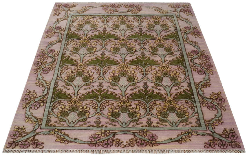 Hand Knotted Pink, Green and Beige Floral Traditional Antique Style Wool Area Rug