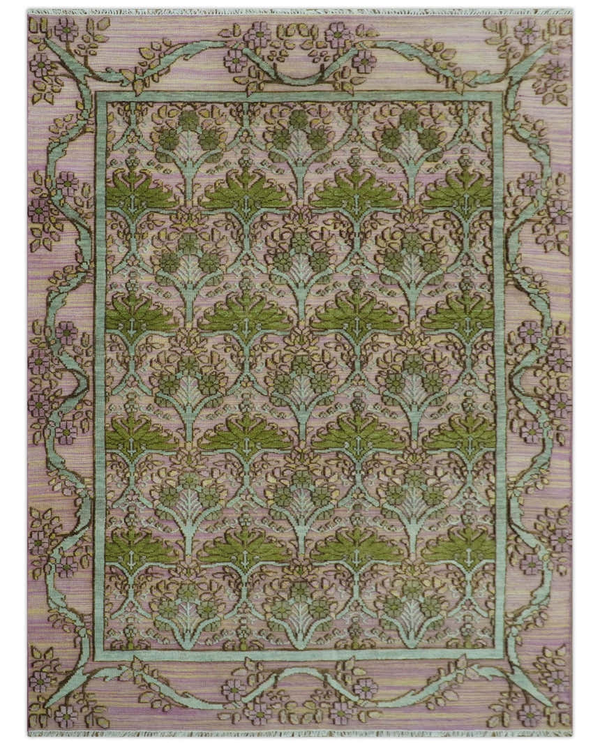 Hand Knotted Pink, Green and Beige Floral Traditional Antique Style Wool Area Rug