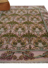 Hand Knotted Pink, Green and Beige Floral Traditional Antique Style Wool Area Rug