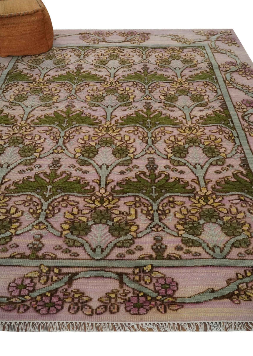 Hand Knotted Pink, Green and Beige Floral Traditional Antique Style Wool Area Rug