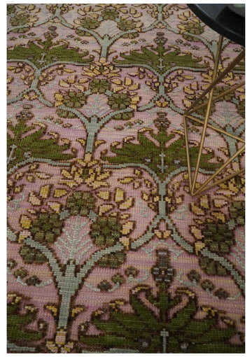 Hand Knotted Pink, Green and Beige Floral Traditional Antique Style Wool Area Rug