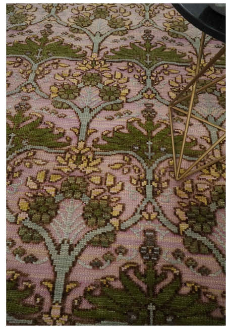 Hand Knotted Pink, Green and Beige Floral Traditional Antique Style Wool Area Rug