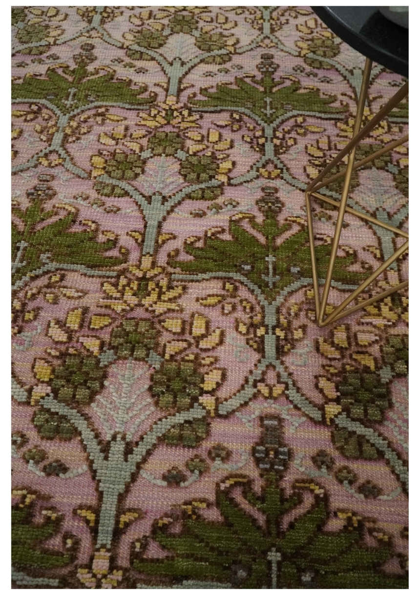 Hand Knotted Pink, Green and Beige Floral Traditional Antique Style Wool Area Rug