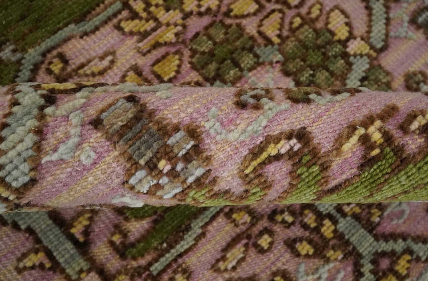 Hand Knotted Pink, Green and Beige Floral Traditional Antique Style Wool Area Rug