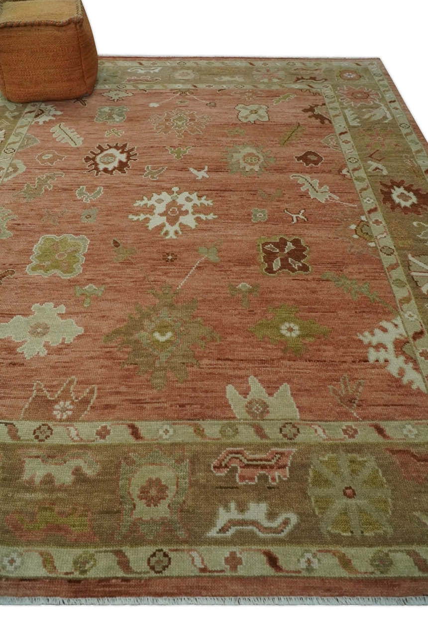 Hand Knotted Rust, Olive and Ivory Traditional Oushak Vintage Style Wool Rug