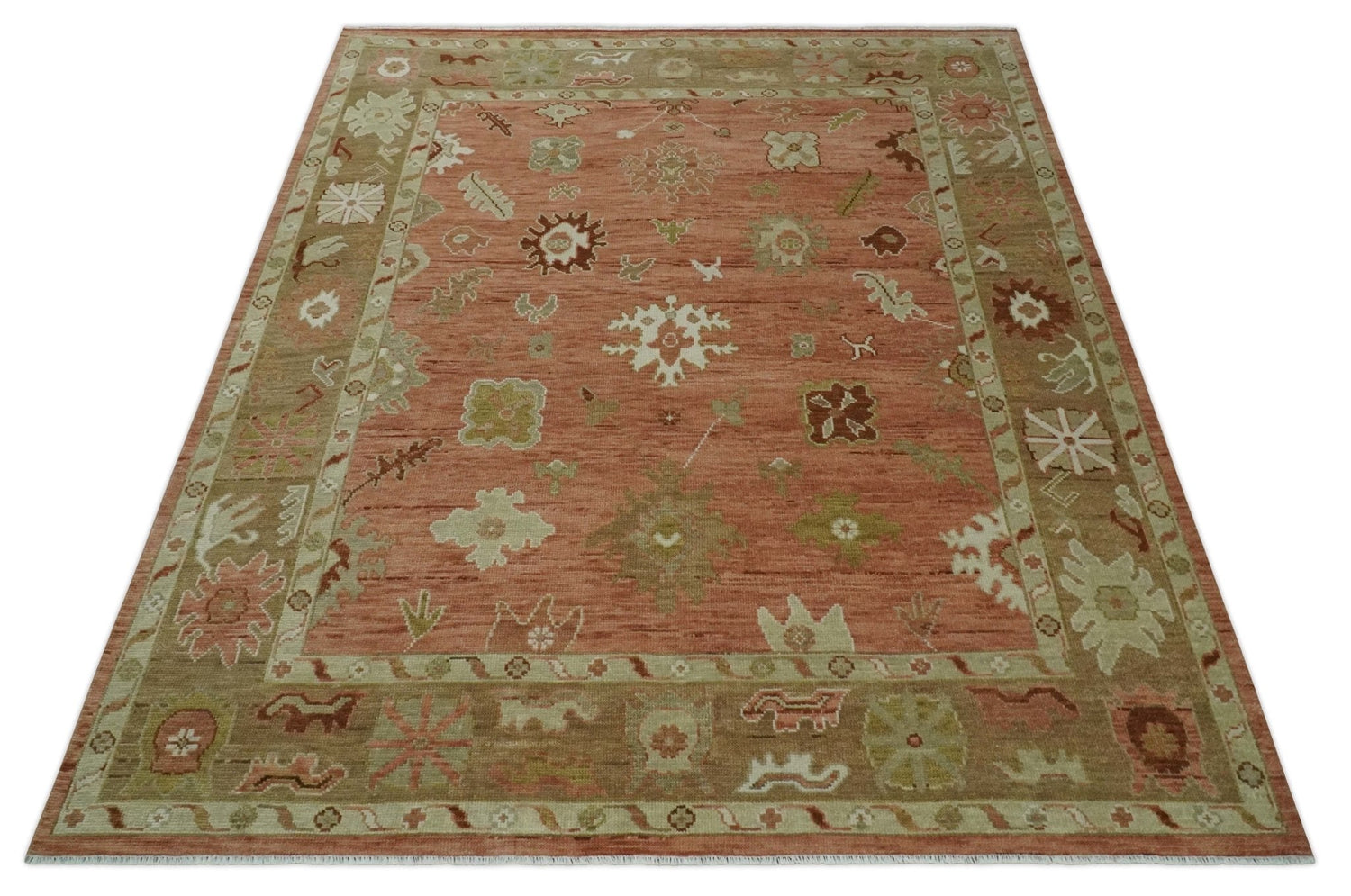Hand Knotted Rust, Olive and Ivory Traditional Oushak Vintage Style Wool Rug