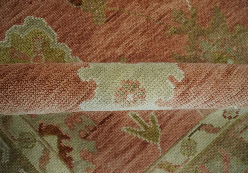 Hand Knotted Rust, Olive and Ivory Traditional Oushak Vintage Style Wool Rug