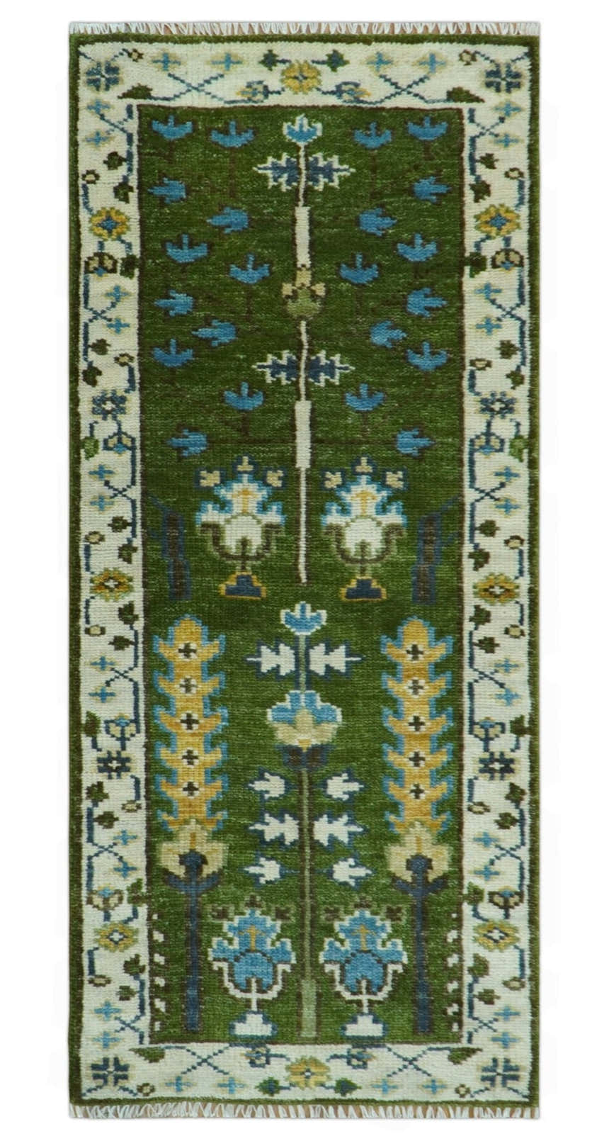 Hand Knotted Royal Green and Ivory Traditional Turkish Style Tree Of Life Multi Size Wool Area Rug