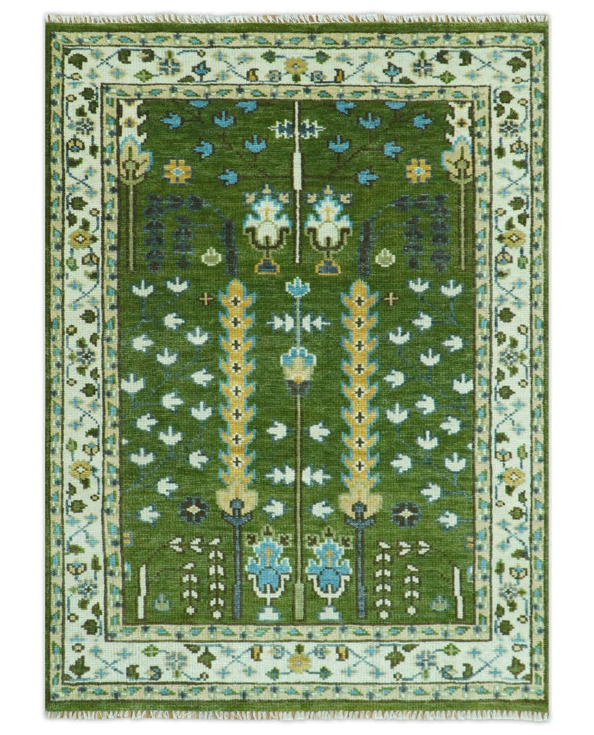 Hand Knotted Royal Green and Ivory Traditional Turkish Style Tree Of Life Multi Size Wool Area Rug