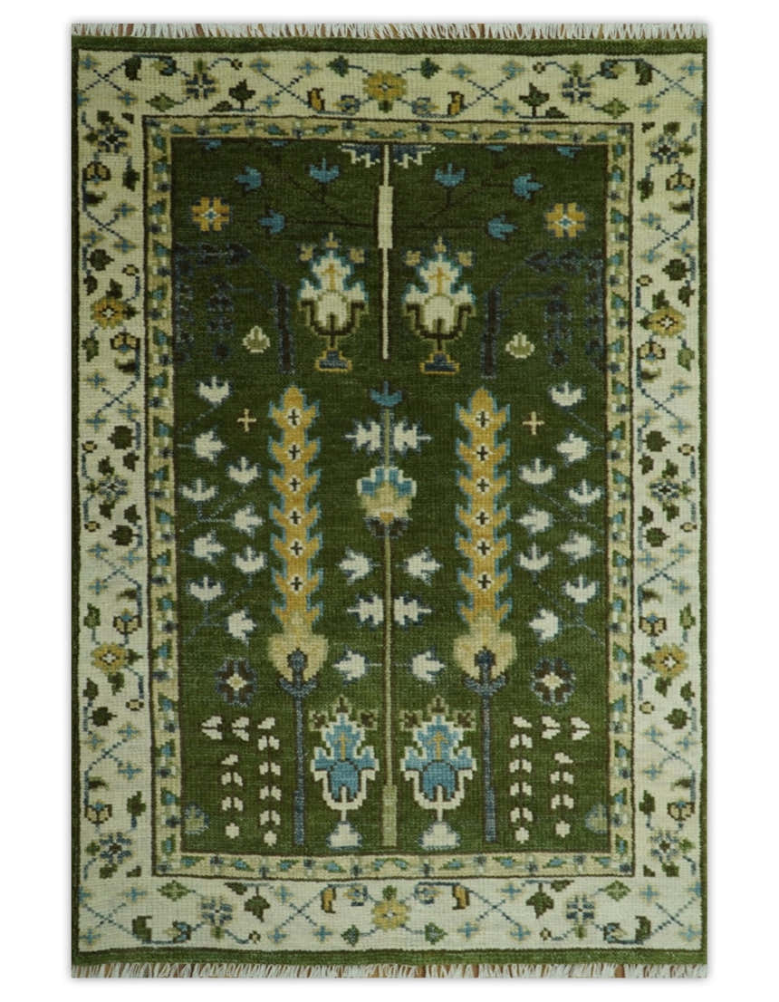 Hand Knotted Royal Green and Ivory Traditional Turkish Style Tree Of Life Multi Size Wool Area Rug