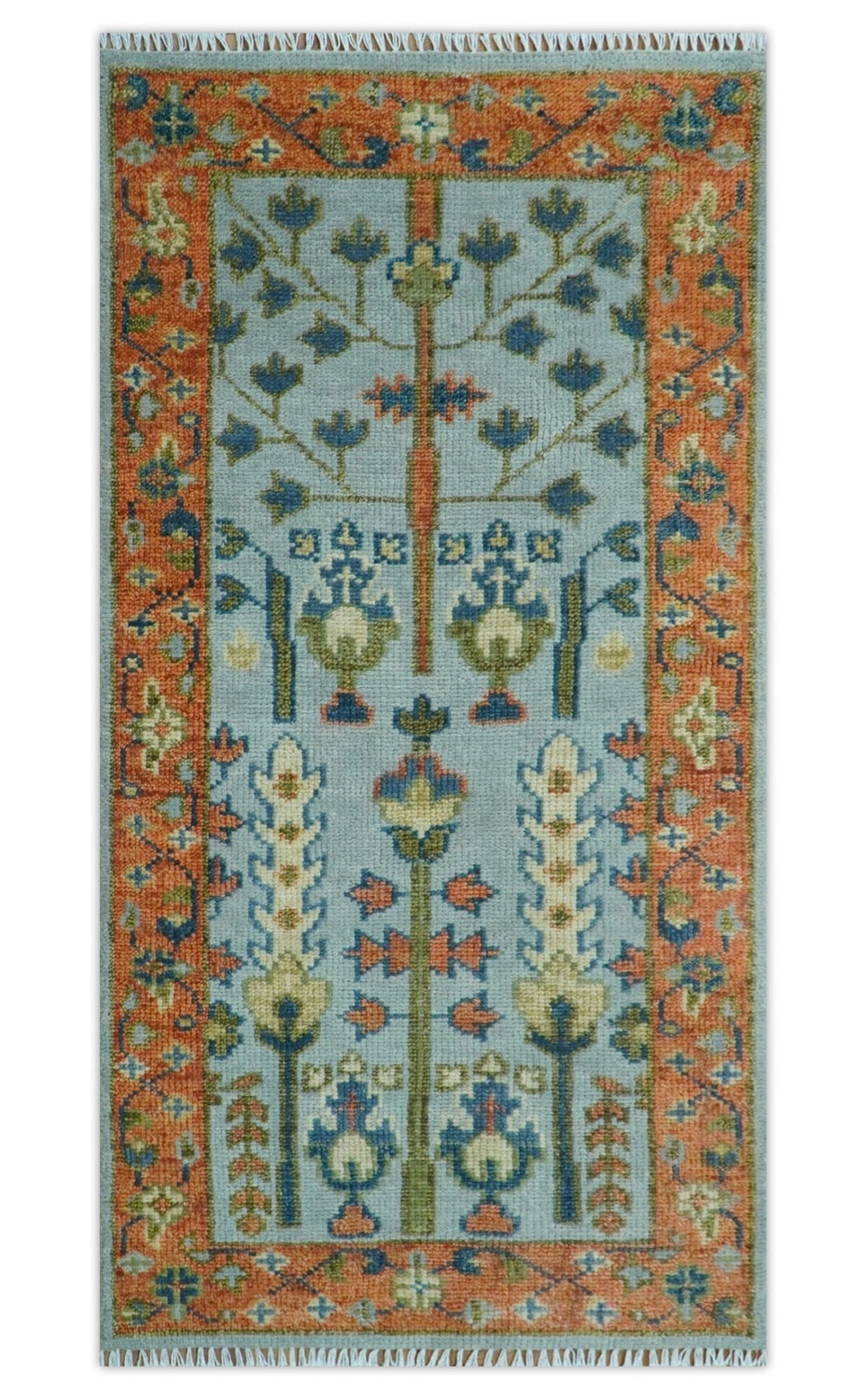 Hand Knotted Rust and Blue Traditional Turkish Vintage Multi Size Wool Rug