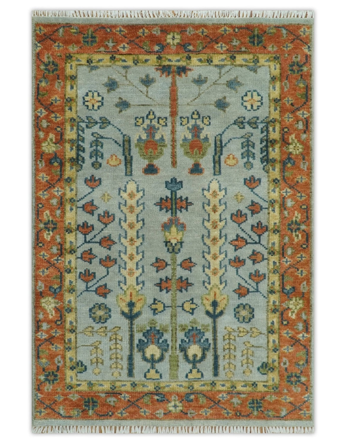 Hand Knotted Rust and Blue Traditional Turkish Vintage Multi Size Wool Rug