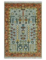 Hand Knotted Rust and Blue Traditional Turkish Vintage Multi Size Wool Rug