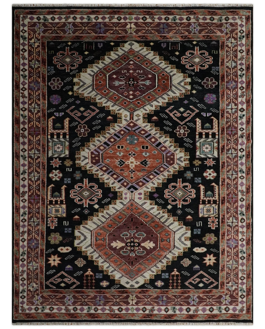 Hand Knotted Rust, Ivory and Black Traditional Heriz Wool Area Rug