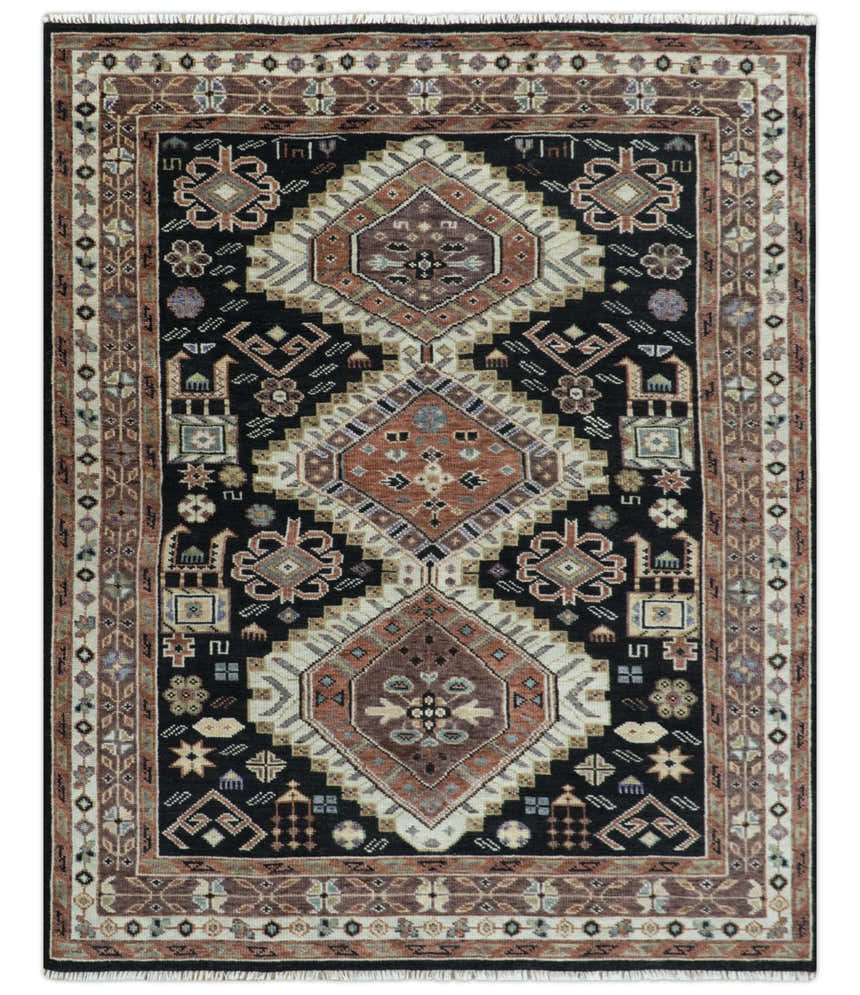Hand Knotted Rust, Ivory and Black Traditional Heriz Wool Area Rug