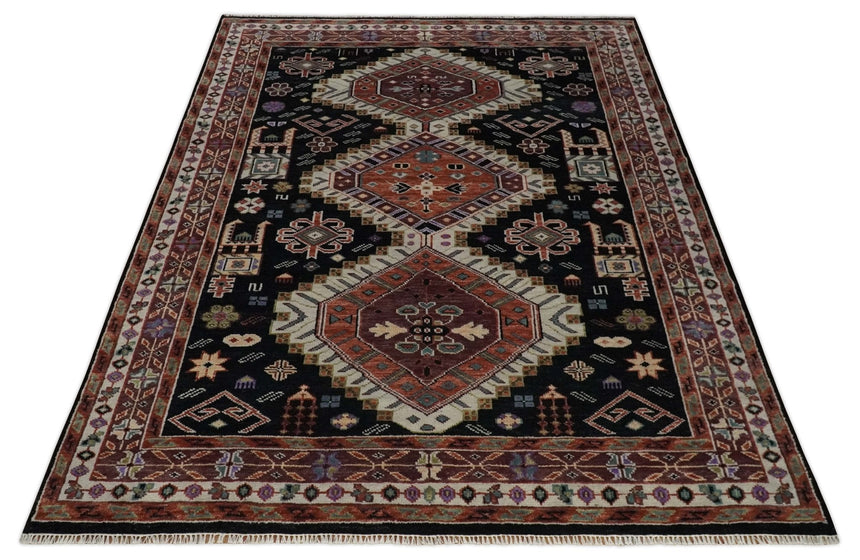 Hand Knotted Rust, Ivory and Black Traditional Heriz Wool Area Rug