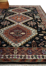 Hand Knotted Rust, Ivory and Black Traditional Heriz Wool Area Rug