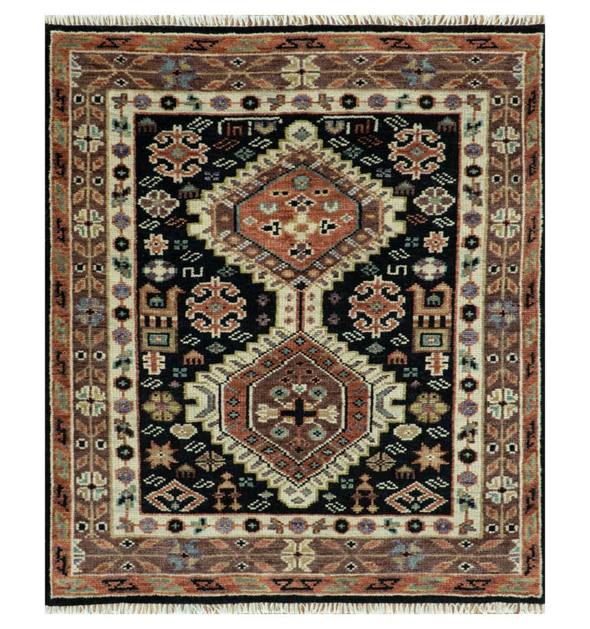Hand Knotted Rust, Ivory and Black Traditional Heriz Wool Area Rug
