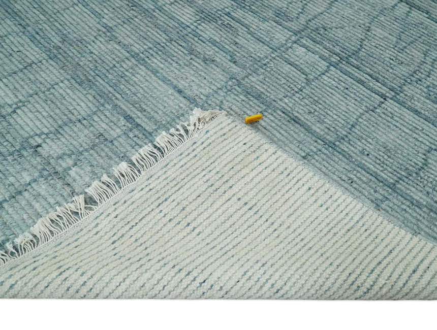 Hand Knotted Silver and Blue Modern Trellis Moroccan Rug Made with Blended Wool Multi Size Rug
